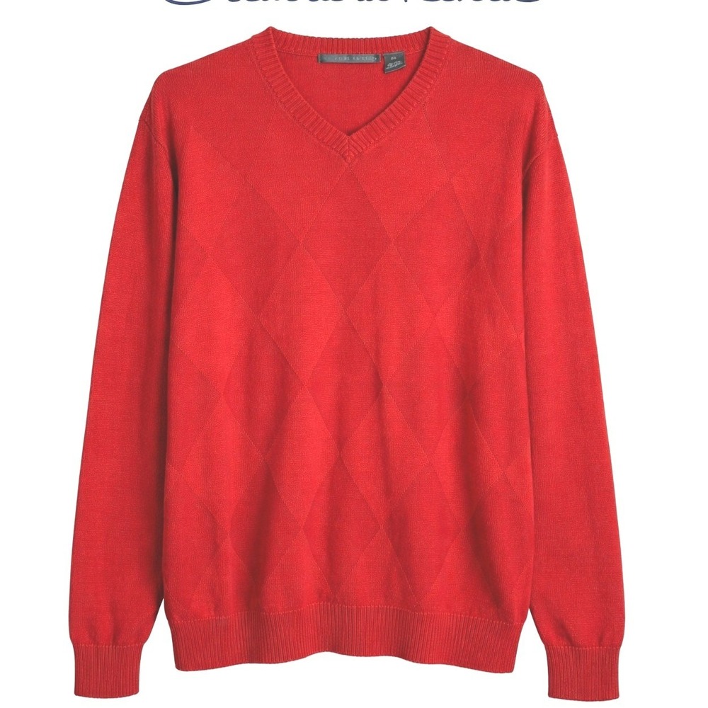 Oscar de la Renta Red Argyle Sweater Cotton V Neck Preppy Classic‎ XXL